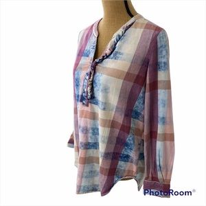 Isabella Sindair Women's Plaid 1/2 Button Shirt S long sleeve ruffles